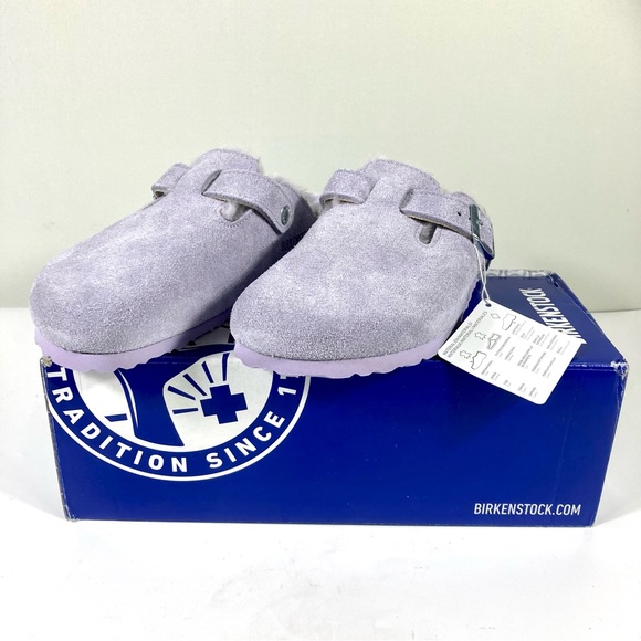 Birkenstock Boston Shearling Suede Clogs Purple Fog - Picture 5 of 17